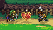 Link and Sora crouching near a Heart Container on Hylian Skies.
