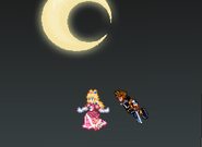 Peach floating and Sora gliding in the air.