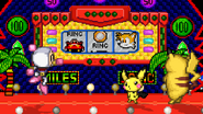Bomberman taunting next to Pichu and Pikachu, while they all stand next to the slot machine.