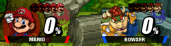 Stock number displayed right above the damage meters as seen in both Super Smash Flash (top) and Super Smash Flash 2 (bottom).