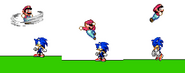 Mario using his move in the air then towards Sonic on Test Stage 1. Note the demo v0.3 design.