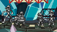 Metal Wario, Metal Waluigi, Metal Mario, and Metal Luigi standing in Metal mode.