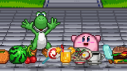 Sora, Goku, Kirby and Yoshi surrounded by lots of food, on World Tournament.