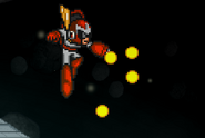 Proto Man shooting his uncharged Proto Buster in midair.