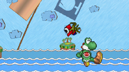 Yoshi attacking a Propeller Shy Guy, making him change his direction.