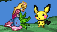 Peach Oddish.png (9 KB) Peach crouching while holding an Oddish next to Pichu while idle on Lake of Rage.