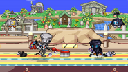 Chibi-Robo using Toothbrush while another Chibi-Robo taunts.