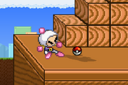 Bomberman standing next to a Poké Ball.