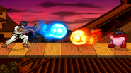 Ryu using Hadoken, while Kirby uses Shakunetsu Hadoken on Suzaku Castle.