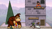 Zelda and Link dashing away from Giant Donkey Kong, who have been effected by Super Mushroom and Goku standing, on Hyrule Castle.