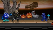 Mario holding a key, while both Simon and PAC-MAN are idling on the Halloween theme.