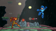 Samus uses Missile at Mega Man while he is using the uncharged Mega Buster at her on Crateria.