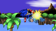 Sonic meteor smashing Mega Man with his forward aerial.