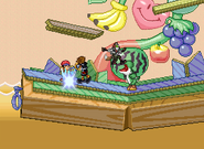 Ness, Sora, Fox, and Yoshi battling on the stage.