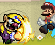 Wario using Shoulder Bash to attack Mario on Saturn Valley.