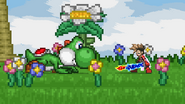 Yoshi crouching next to tiny Lloyd stunning after have been effected by Poison Mushroom on, Emerald Cave.