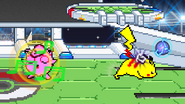 Pikachu using Thunder Jolt while Jigglypuff performs Sing.