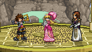 Sora taunting, while Peach and Zelda stand, on Palutena's Shrine.