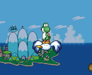 Yoshi standing on top of a Goonie.