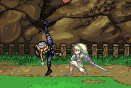 Sheik using her up tilt, while Link sidesteps the attack on Hylian Skies.