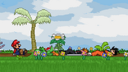 Mario taunting while Yoshi, Ichigo, and Goku are lying down.