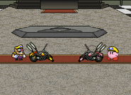 Wario and Kirby standing with their bikes on Temple of Time.