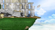 Link is sent flying after getting hit by Marth's forward smash. Notice the building's updated design.