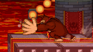 Mario, under the effects of the Poison Mushroom, getting hit by Donkey Kong's forward smash on Bowser's Castle.