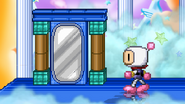 Bomberman walking next to a mirror.