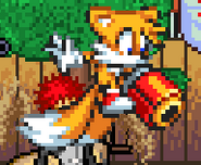 Tails using his standard special move, Energy Ball Blaster, on Hidden Leaf Village.