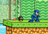 Bob-omb walking to Mega Man, on Mushroom Kingdom II.