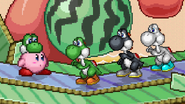 Three Yoshis standing next to Kirby on Yoshi's Island (64).