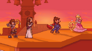 Mario and Peach with a Heart Container while Sora and Zelda taunt.