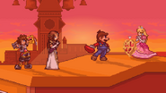 Mario and Peach with a Heart Container while Sora and Zelda are taunting at them.