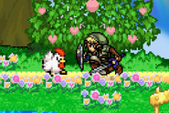 Link crouching next to a Cucco.
