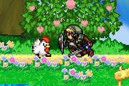 Link crouching next to a Cucco, on Dream Land.