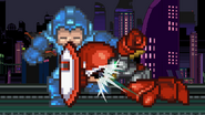 Proto Man using Proto Shield against Mega Man on Central Highway.