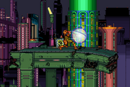 Samus charging her Charge Shot in the stage.