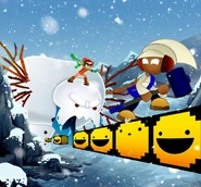 Winter-themed promotional artwork of Ms. Carrot chasing Jam atop Mr. Snowman.