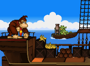 Donkey Kong standing near a Kritter in the background, who is about to fire a cannonball.