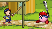 Ness taunting next to Kirby with a Home-Run Bat on Saturn Valley.