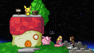Pichu standing on the roof, Jigglypuff using Rest, and Peach and Zelda crouching on Good Egg Galaxy.