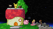 Pichu standing on the roof, Jigglypuff using Rest, and Peach and Zelda crouching of Good Egg Galaxy.