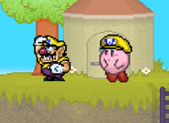 Wario and Kirby looking for their bikes after already using them on Saturn Valley.