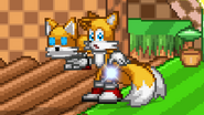 Tails about to throw the robot on Green Hill Zone.