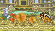 Yoshi shooting the fireball while Bowser uses Fire Breath on Palutena's Shrine.