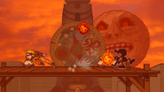 Naruto dashing from the fireballs and Mr. Game & Watch using Oil Panic.