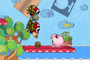 A Propeller Shy Guy dropping food in front of Jigglypuff.