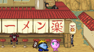 Kirby holding an Explosive Tag next to Jigglypuff while Hinata Hyūga, Chōji Akimichi, and Shikamaru Nara can be seen as background characters on the stage.