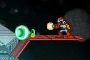 Proto Man shooting his charged Proto Buster.